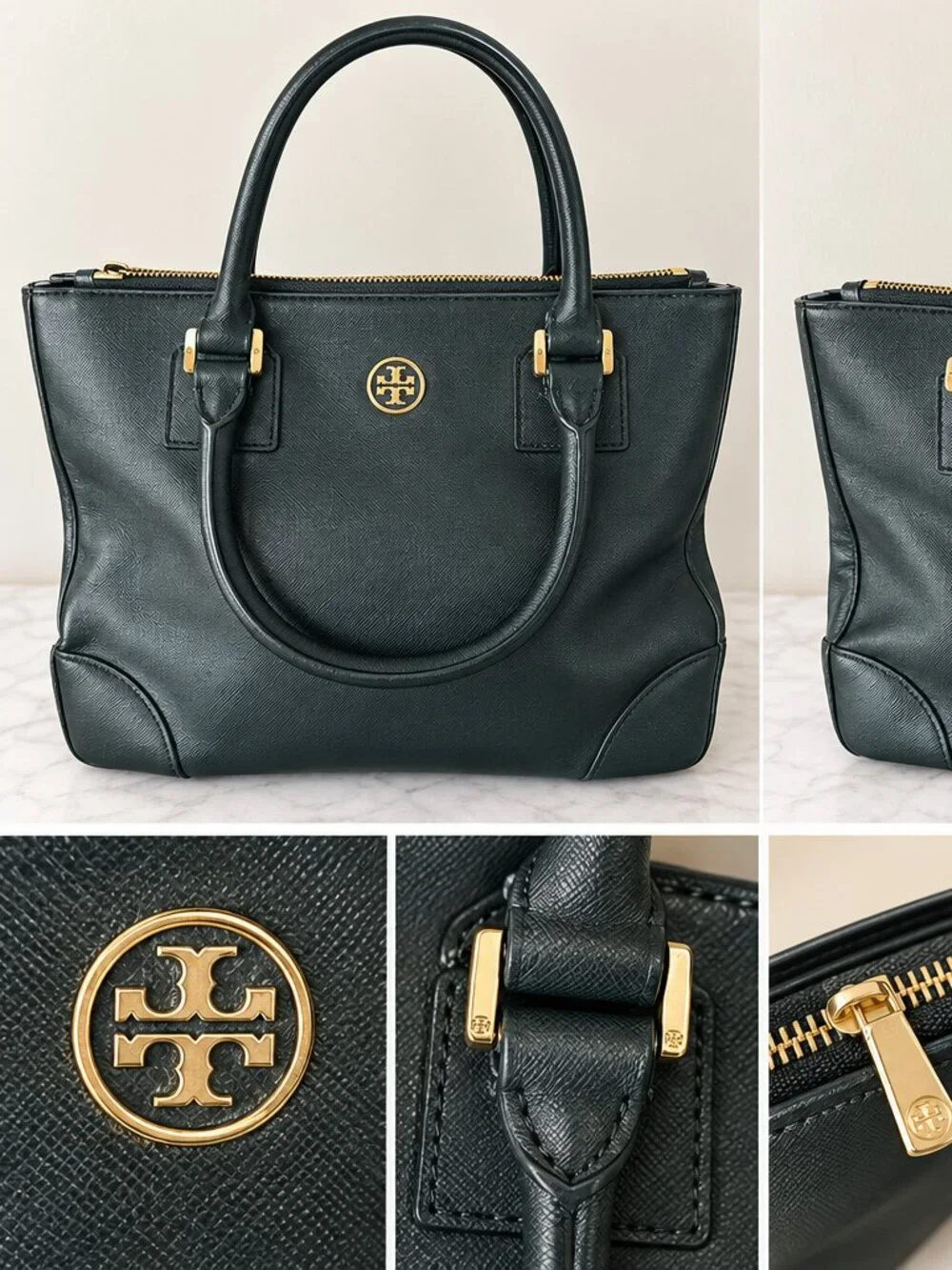 Tory Burch Black Saffiano Leather Double-Zip Tote